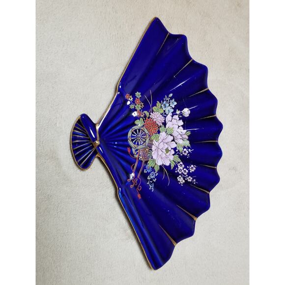 Asian Fan Blue Cobalt Candy Dish Gold Trim 10" Cherry Blossom Ceramic - Picture 3 of 8